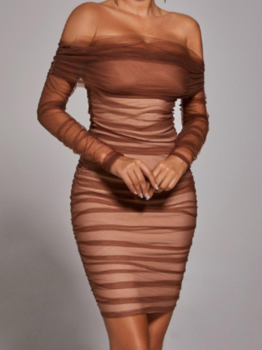 Fashion Nova Brown Off-Shoulder Ruched Mesh Bodycon Dress